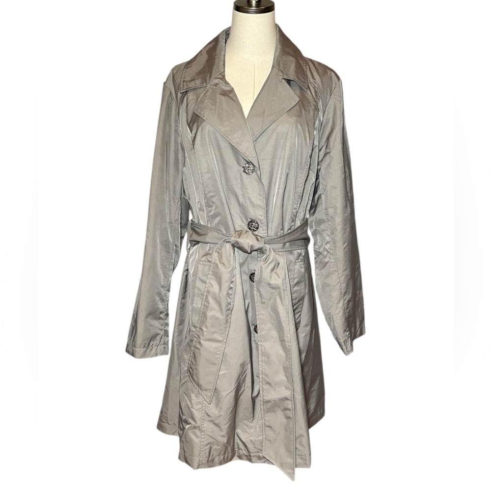 LIKE NEW Dennis Basso Gray Beige Trench Coat Belted Waist Wide Lapels 1X Plus